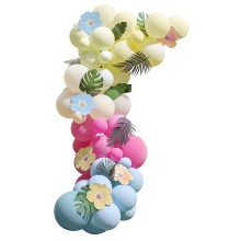 Balloon Arch - Blue, Pinks, Green & Yellow with Paper & Faux Foliage