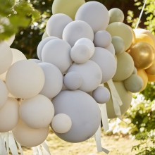 1 Balloon Backdrop - Balloon Arch with Streamers and Leaves - Green, Cream, Grey and Gold Chrome