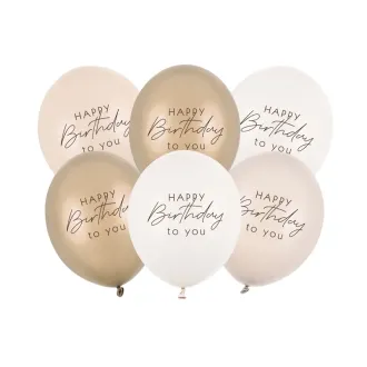 6 Motivballons - Ø 30 cm - Happy Birthday - Beige Mix