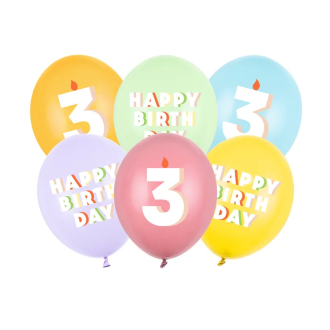 6 Motivballons - Ø 30 cm - Happy Birthday 3 - Mix