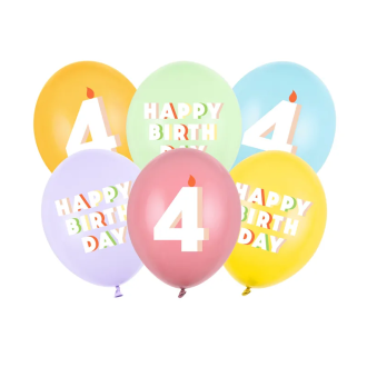6 Motivballons - Ø 30 cm - Happy Birthday 4 - Mix