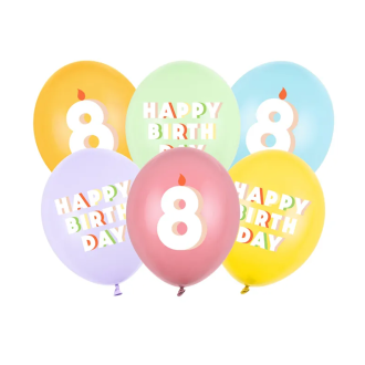 6 Motivballons - Ø 30 cm - Happy Birthday 8 - Mix